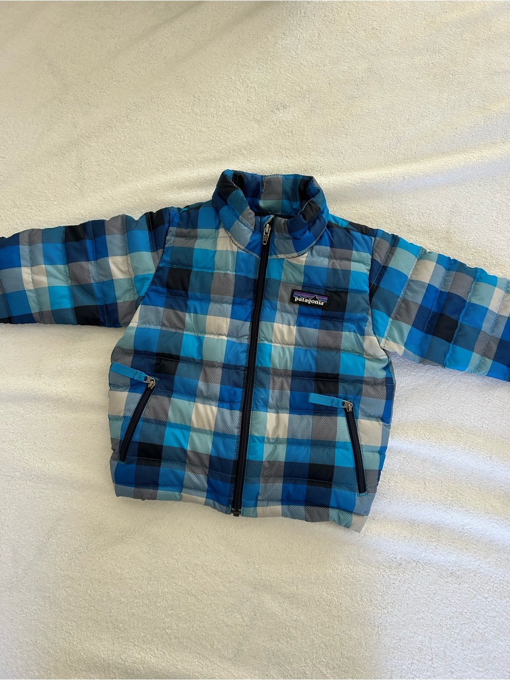 Patagonia Kids Blue and Gray Plaid Puffer Jacket